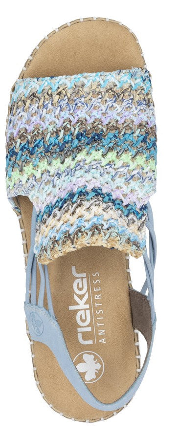 A blue rieker sandal with a patterned weave strap and multiple light blue straps.