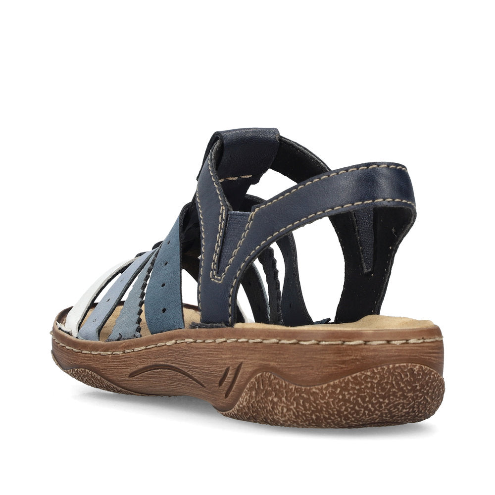 Blue leather sandal with open toe and multiple straps.