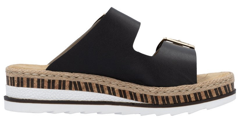 Side view of a black slide sandal with a gold buckle accent and a striped midsole above a white sole.