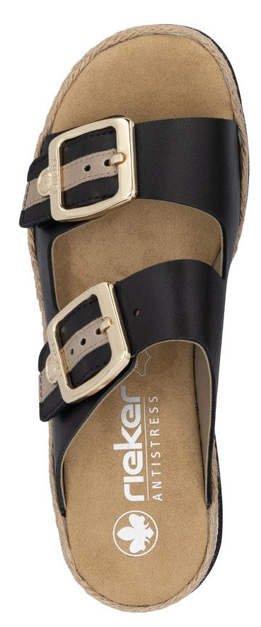 A sandal with two black straps, each adorned with a gold buckle.