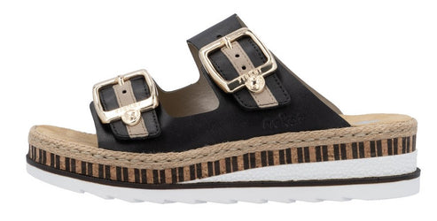 Black slide sandal with two adjustable straps featuring gold buckles and a layered sole with rope, cork, and white rubber.