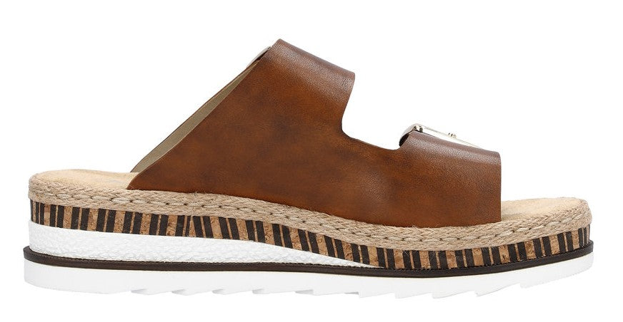 Right-side view of brown leather slide sandal with layered platform sole.