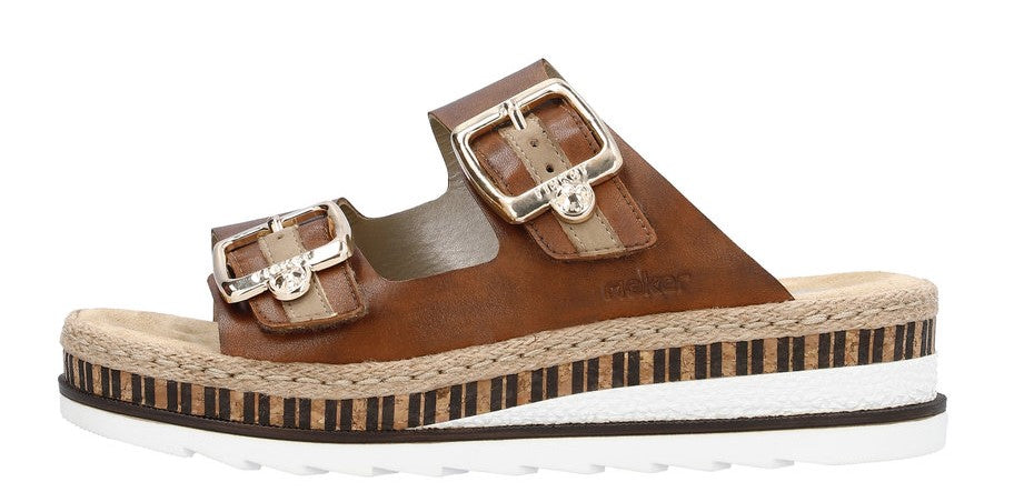 Brown leather sandals with buckle straps and a platform sole.