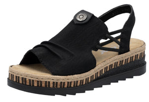 A black platform sandal with a textured upper, elastic heel strap, and tan and black stacked midsole.