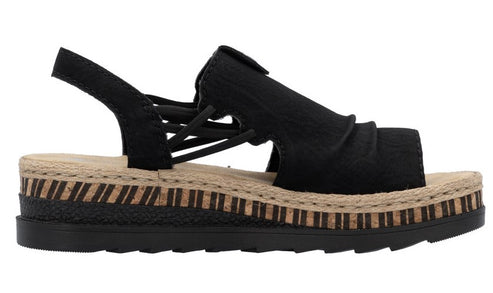 Black platform sandal with multiple straps and tan jute trim.