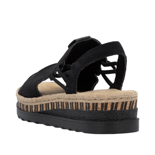 Back view of a black sandal with elastic straps and a striped platform.