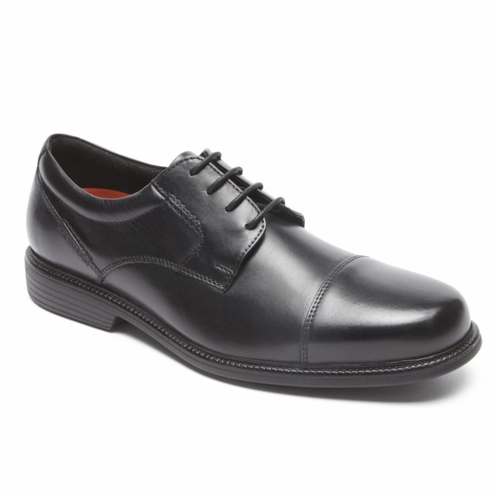 Black leather cap-toe oxford shoe with black laces.
