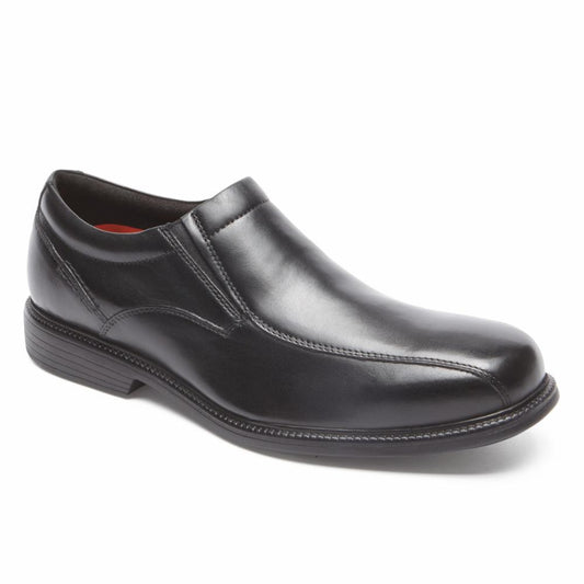 Black leather slip-on dress shoe with a rounded toe and low heel.