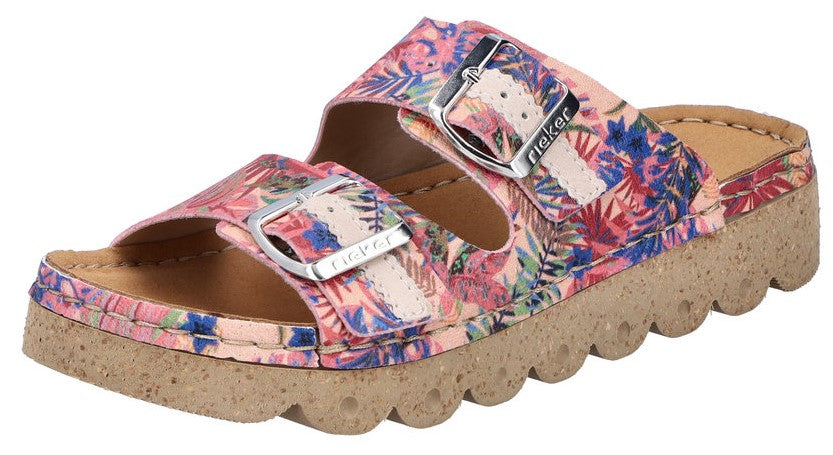 A women's floral-print, two-strap sandal with adjustable buckles and a ridged sole.