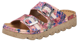 A women's floral-print, two-strap sandal with adjustable buckles and a ridged sole.