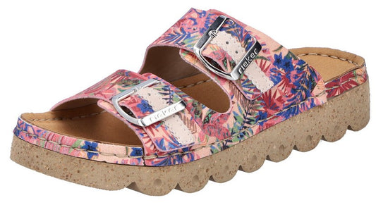 A women's floral-print, two-strap sandal with adjustable buckles and a ridged sole.