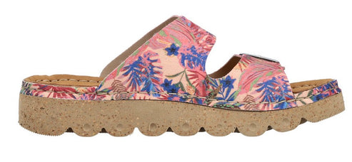 A floral print sandal with a platform sole.