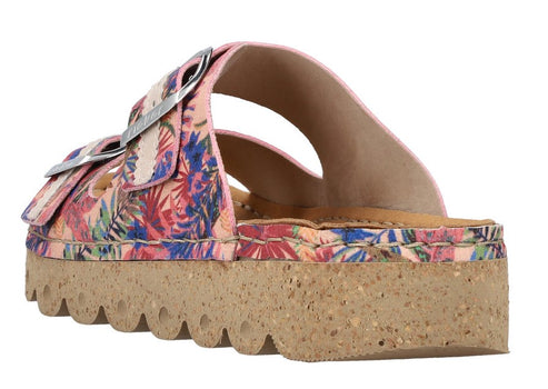 Side view of a pink floral sandal with two buckle straps and a thick cork sole.