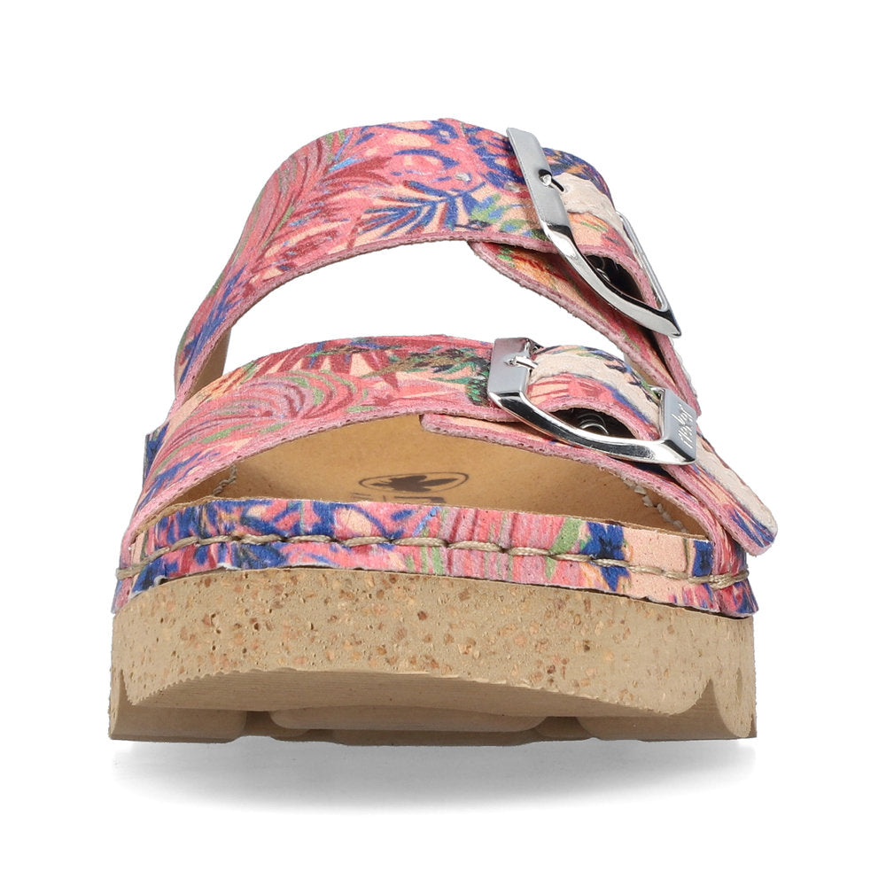 Two-strap slide sandal with floral pattern and silver buckles.