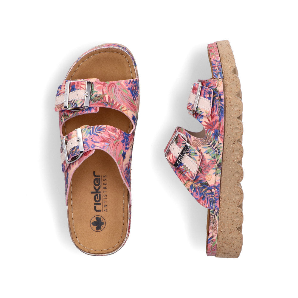 Floral print sandals with two straps and adjustable buckles.