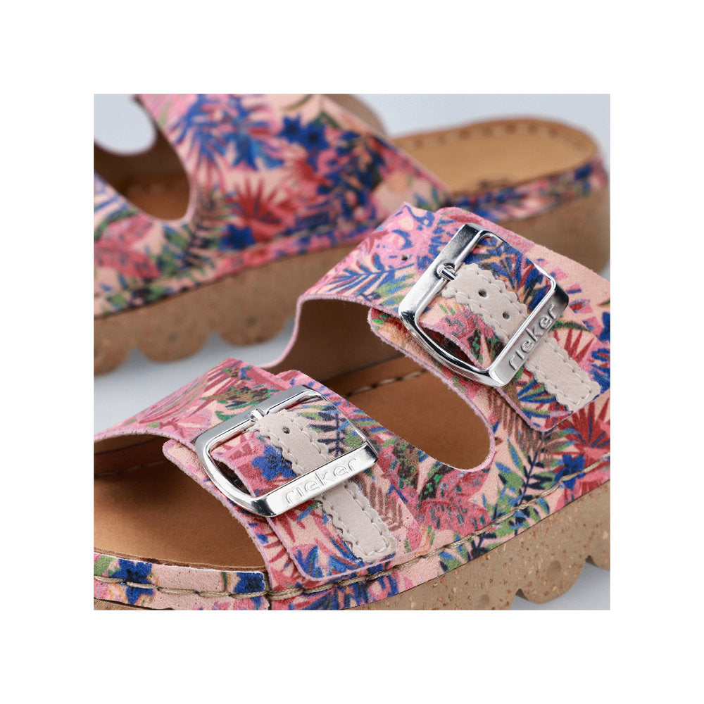 Two pink and floral patterned slide sandals with silver buckles.
