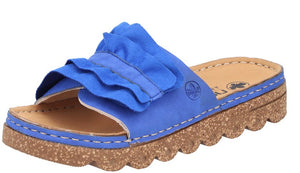 Blue slide sandal with ruffled strap and ridged cork sole.
