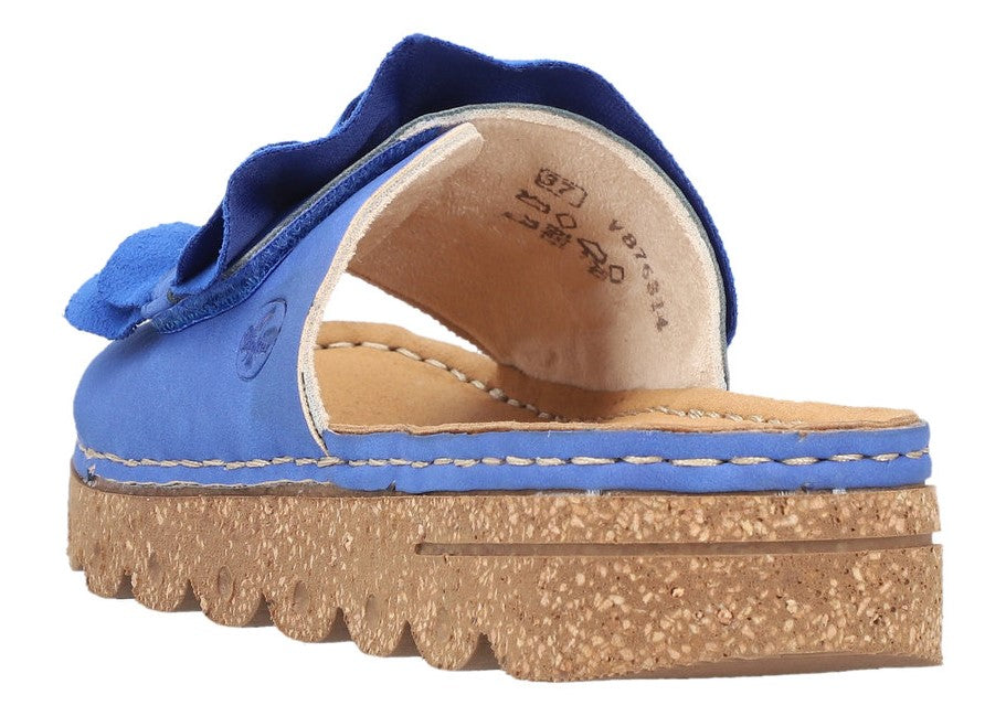 Blue platform slide sandal with a blue flower detail.