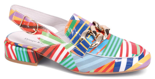 Colorful striped slingback loafer with a gold chain accent and a low block heel.