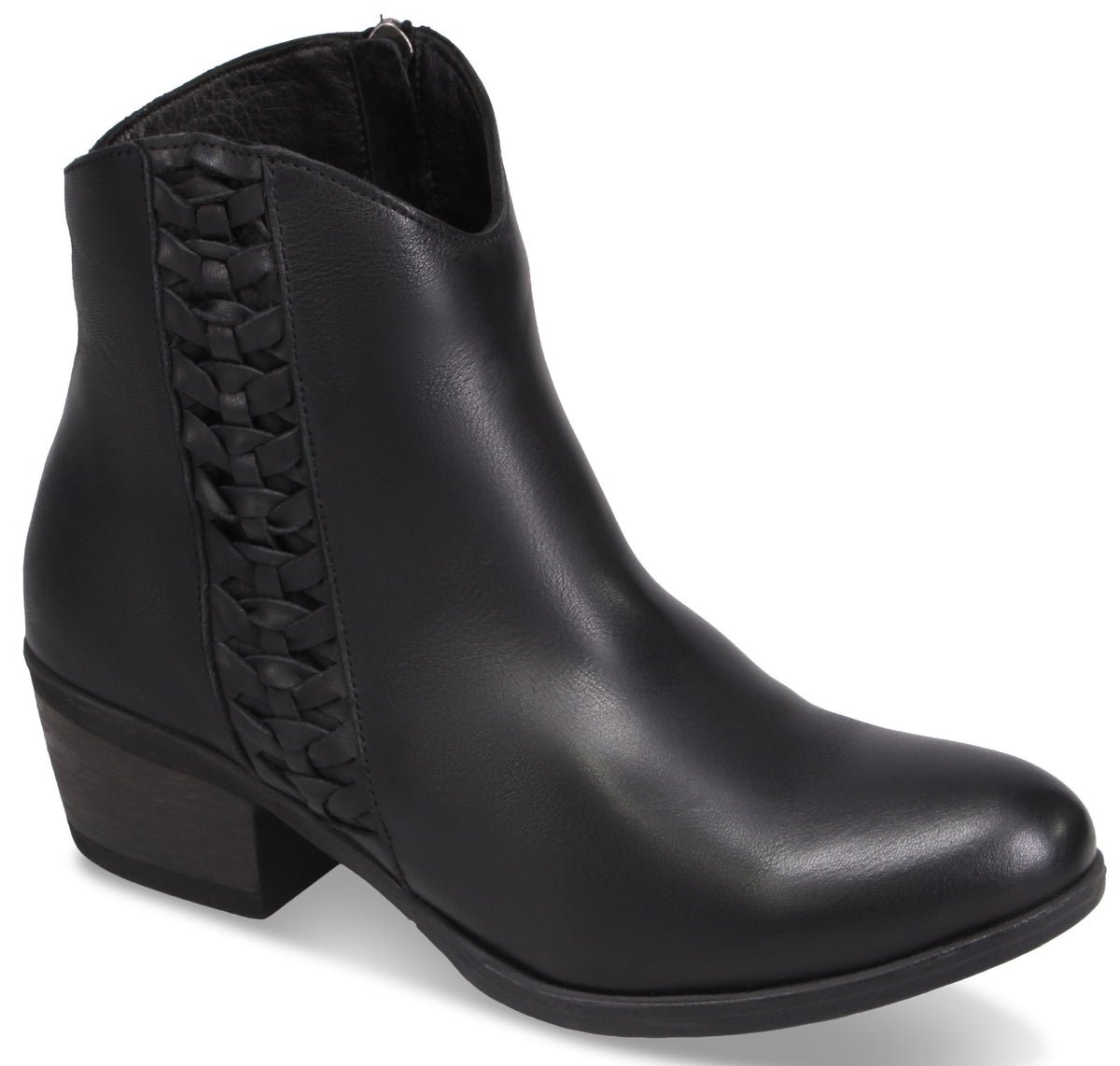 A black faux leather ankle boot featuring a side panel with a woven braid detail and a short, dark block heel.