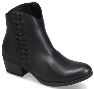 A black faux leather ankle boot featuring a side panel with a woven braid detail and a short, dark block heel.