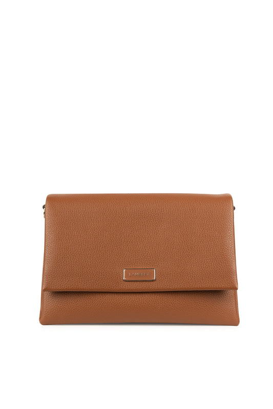 Brown rectangular clutch with a fold-over flap and a gold plaque.