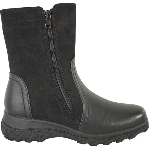 A black ankle boot with a side zipper closure, combining smooth faux leather on the lower part and a suede-like texture on the upper shaft, set on a thick, rugged rubber lug sole.