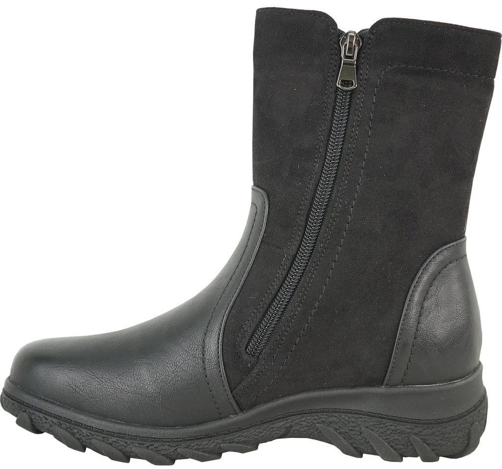 A black ankle boot with a smooth leather toe and heel, featuring a suede-like shaft, side zipper, and textured rubber sole.