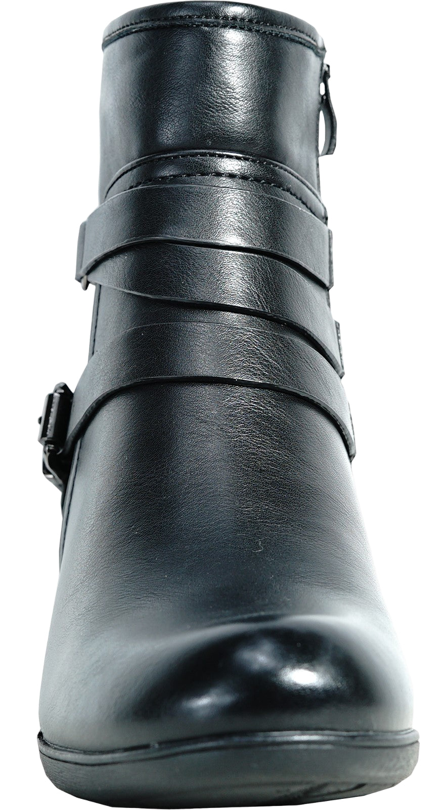 Black ankle boot with decorative straps and buckle.