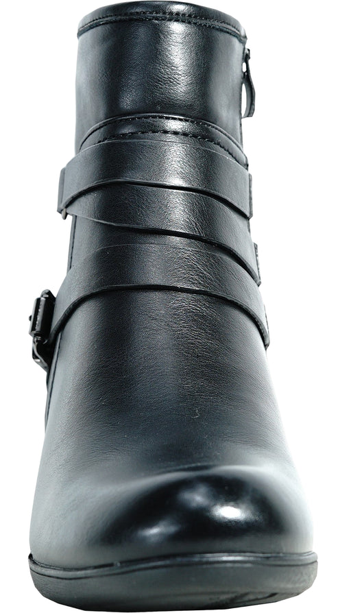 Black ankle boot with decorative straps and buckle.