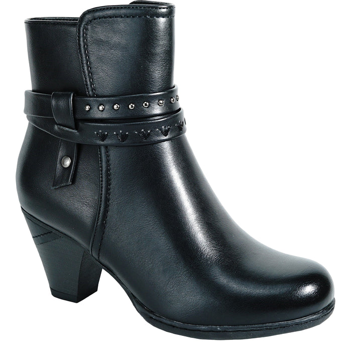 Black ankle boot with a block heel and decorative studded strap.