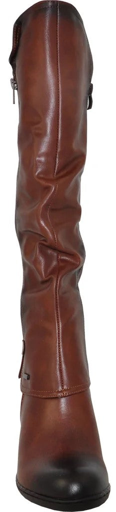 A brown leather knee-high boot with a slouchy shaft, side zipper closure, a wrap-around ankle strap detail with a small metallic accent, and a dark-toned rounded toe.