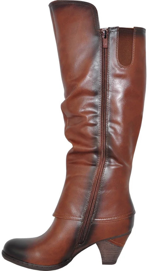 A brown leather knee-high boot with a slightly distressed finish, featuring a side zipper, a ruched shaft, a folded cuff detail, and a stacked block heel.