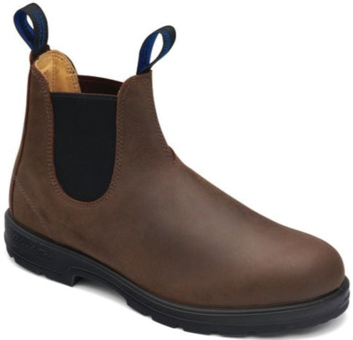 Brown, leather, ankle-high Chelsea boot with blue loops on the collar.