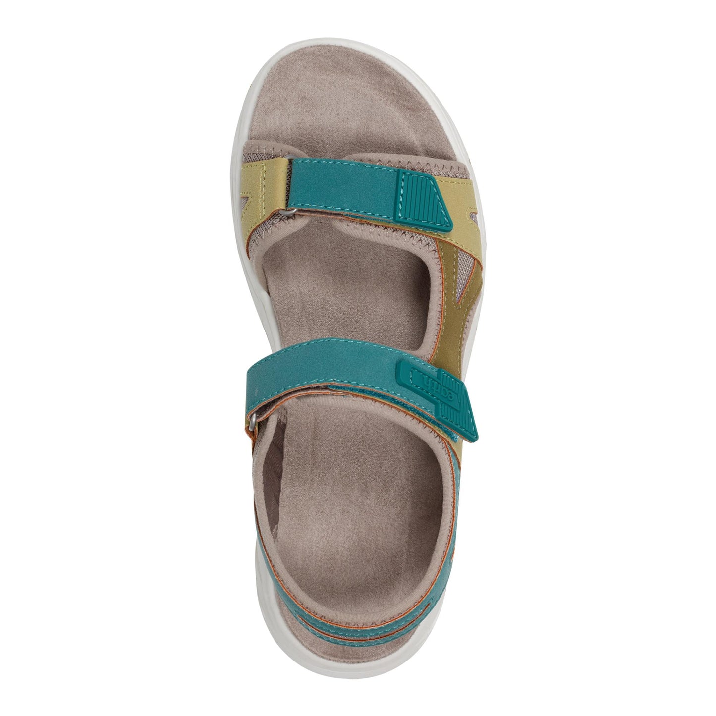 Flat sandal with taupe footbed and teal and tan velcro straps.