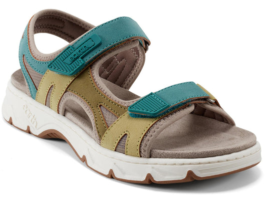 Open toe sandal with teal velcro straps and beige and brown accents on a white sole.