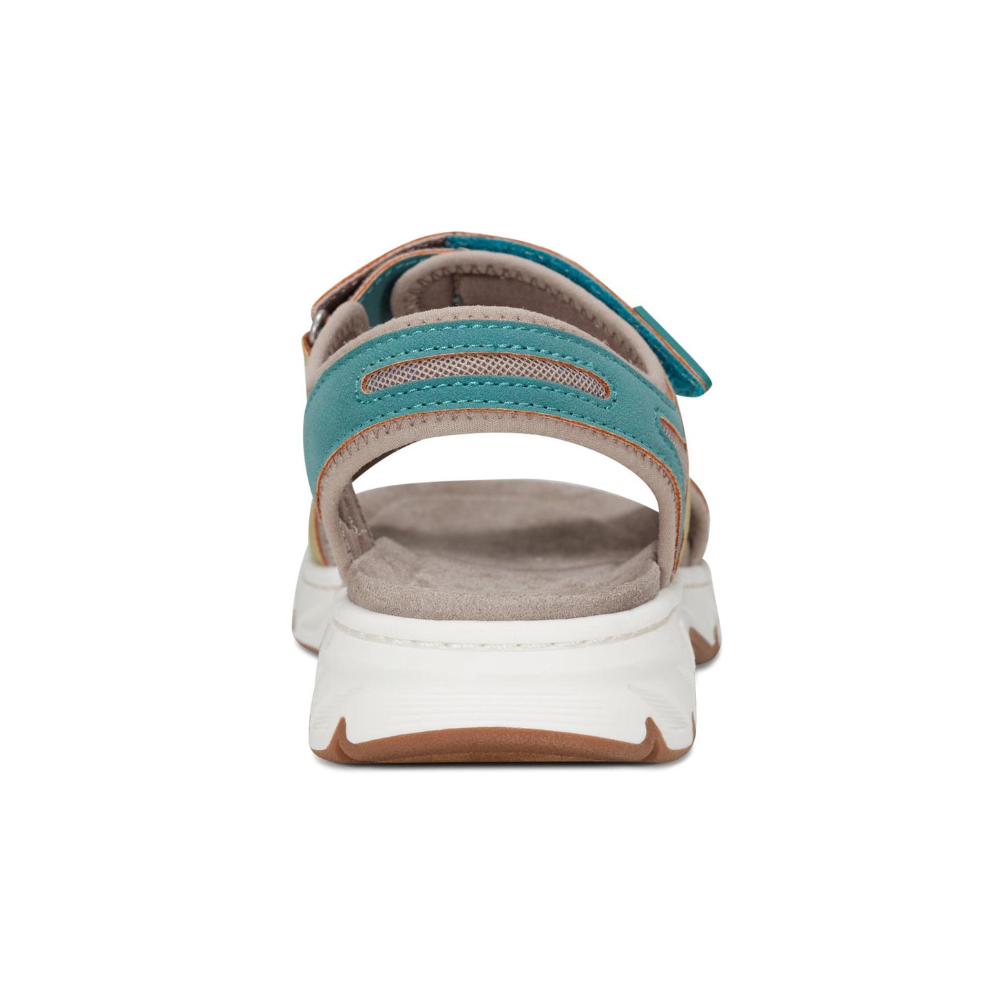 Teal and tan adjustable strap sandal with white sole viewed from the back.