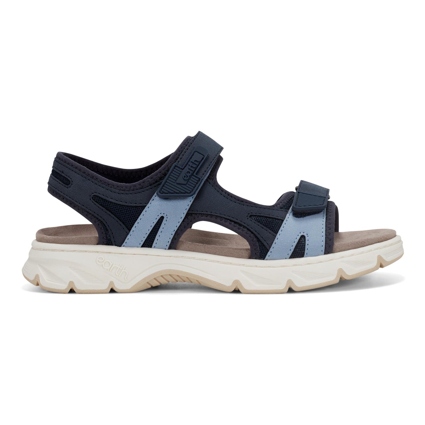 Blue outdoor sandal with two hook-and-loop adjustable straps and a textured rubber sole.