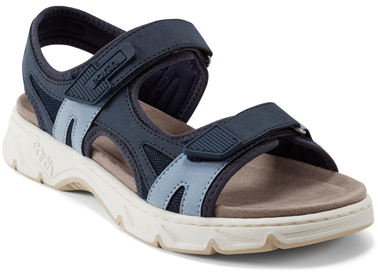 A navy blue sandal with velcro straps and a tan sole.