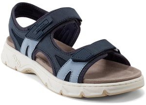 A navy blue sandal with velcro straps and a tan sole.