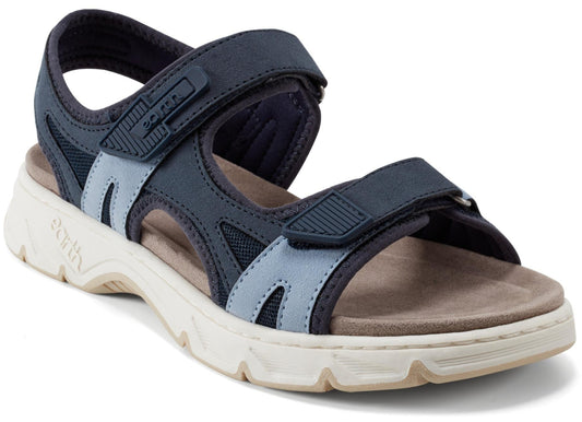 A navy blue sandal with velcro straps and a tan sole.