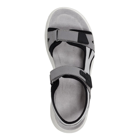 Gray sandal with adjustable straps.