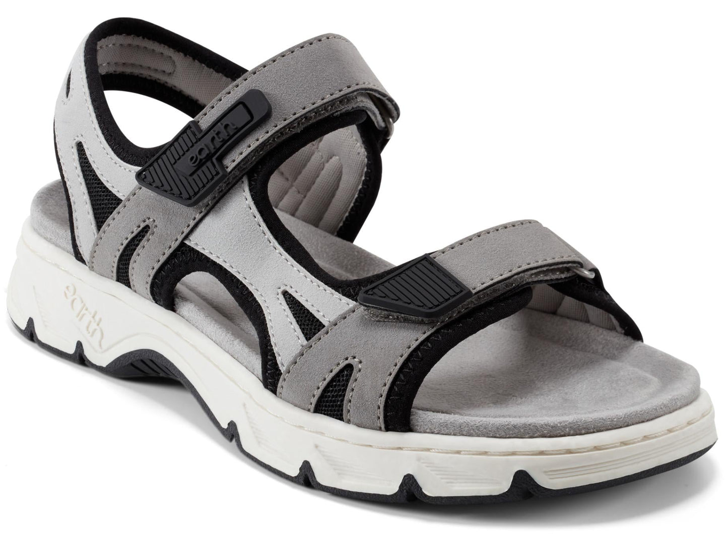 A gray adjustable sandal with a white sole.