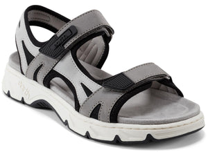 A gray adjustable sandal with a white sole.