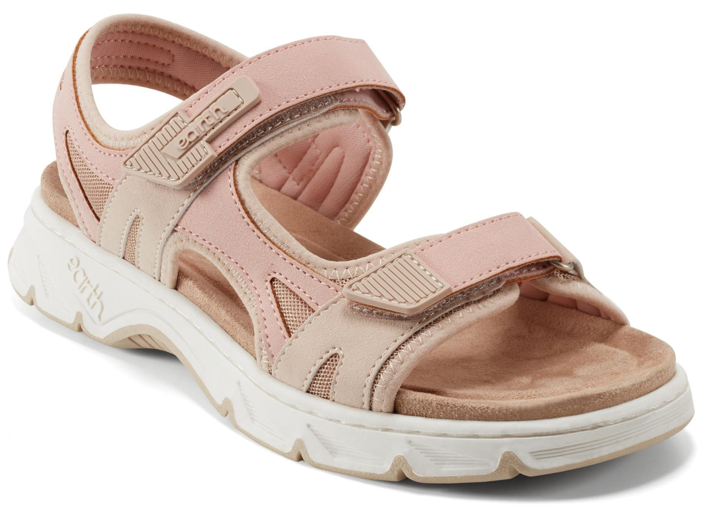 A pink sandal with hook and loop fasteners and a white sole.