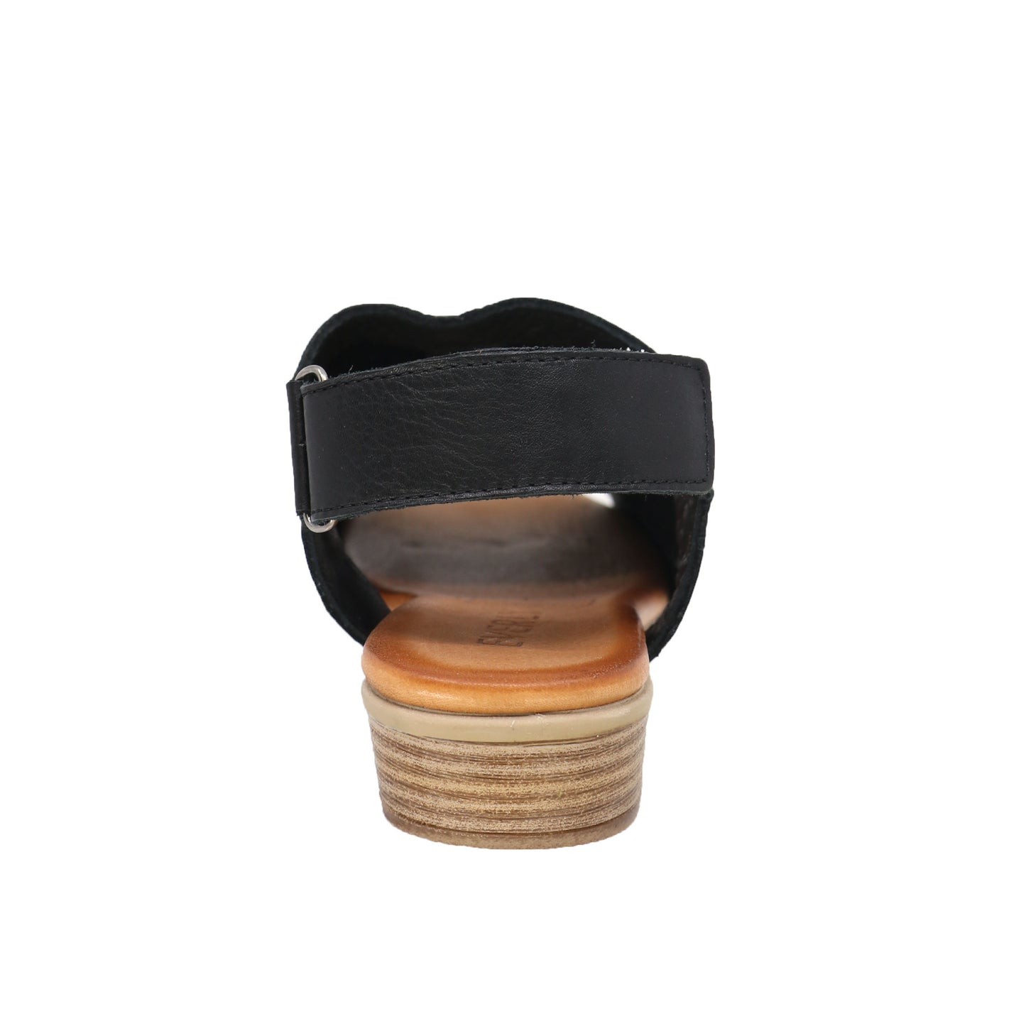 Back view of a black leather sandal with a tan wood heel.