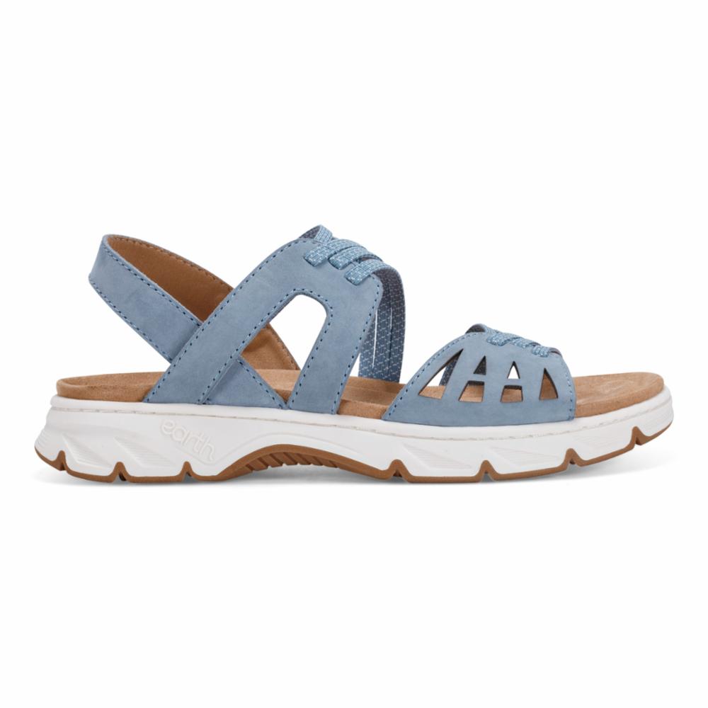 Blue sandal with interwoven straps and a white sole.