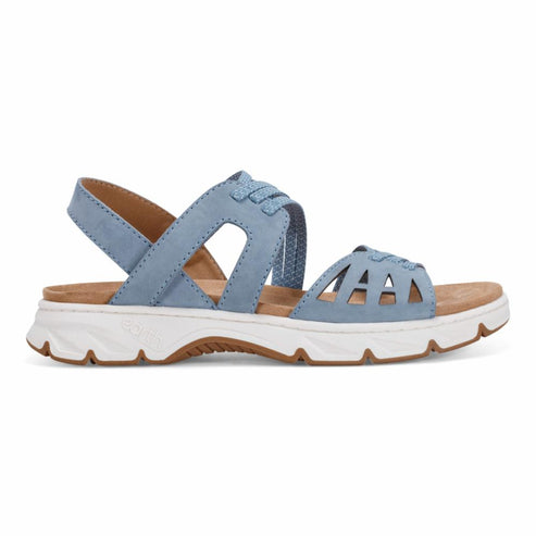Blue sandal with interwoven straps and a white sole.