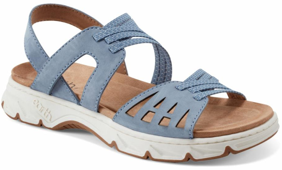 Blue strappy sandal with cutouts and a thick white sole.