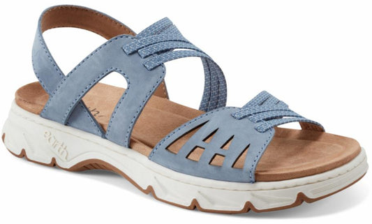 Blue strappy sandal with cutouts and a thick white sole.
